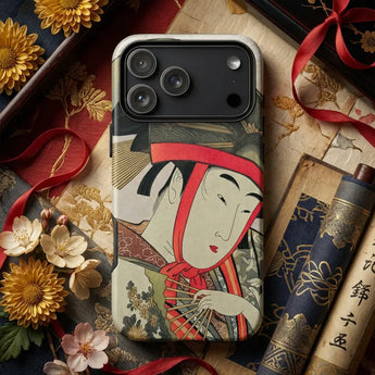 Utamaro Kitagawa design on a phone case featuring a traditional Japanese woman holding a fan.