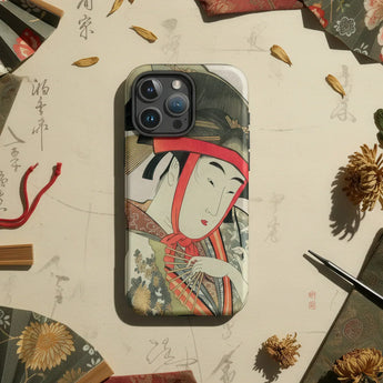 Utamaro Kitagawa design on a phone case featuring a traditional Japanese woman holding a fan.