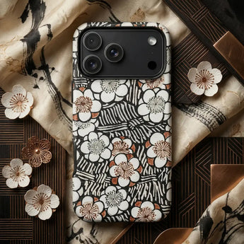 Watanabe Seitei inspired phone case featuring floral patterns on a textured background surrounded by decorative elements.