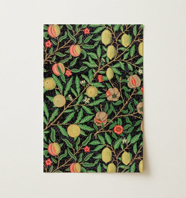 William Morris textile design featuring lush fruit and floral patterns in vibrant colors.