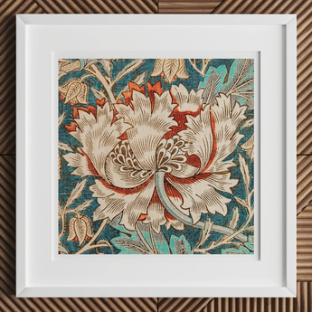 Framed ornate floral tapestry or rug with intricate patterns in rich colors on a dark background.