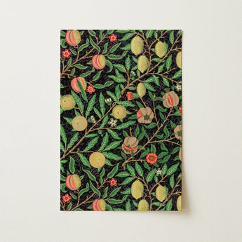 William Morris textile design featuring lush fruit and floral patterns in vibrant colors.