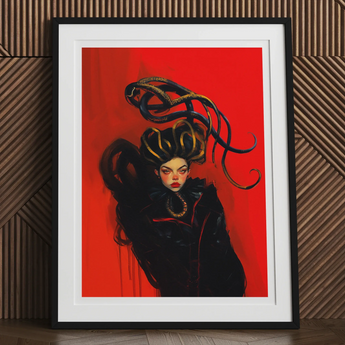 Framed artwork depicting a stylized woman with elaborate, flowing black hair against a vivid red background.