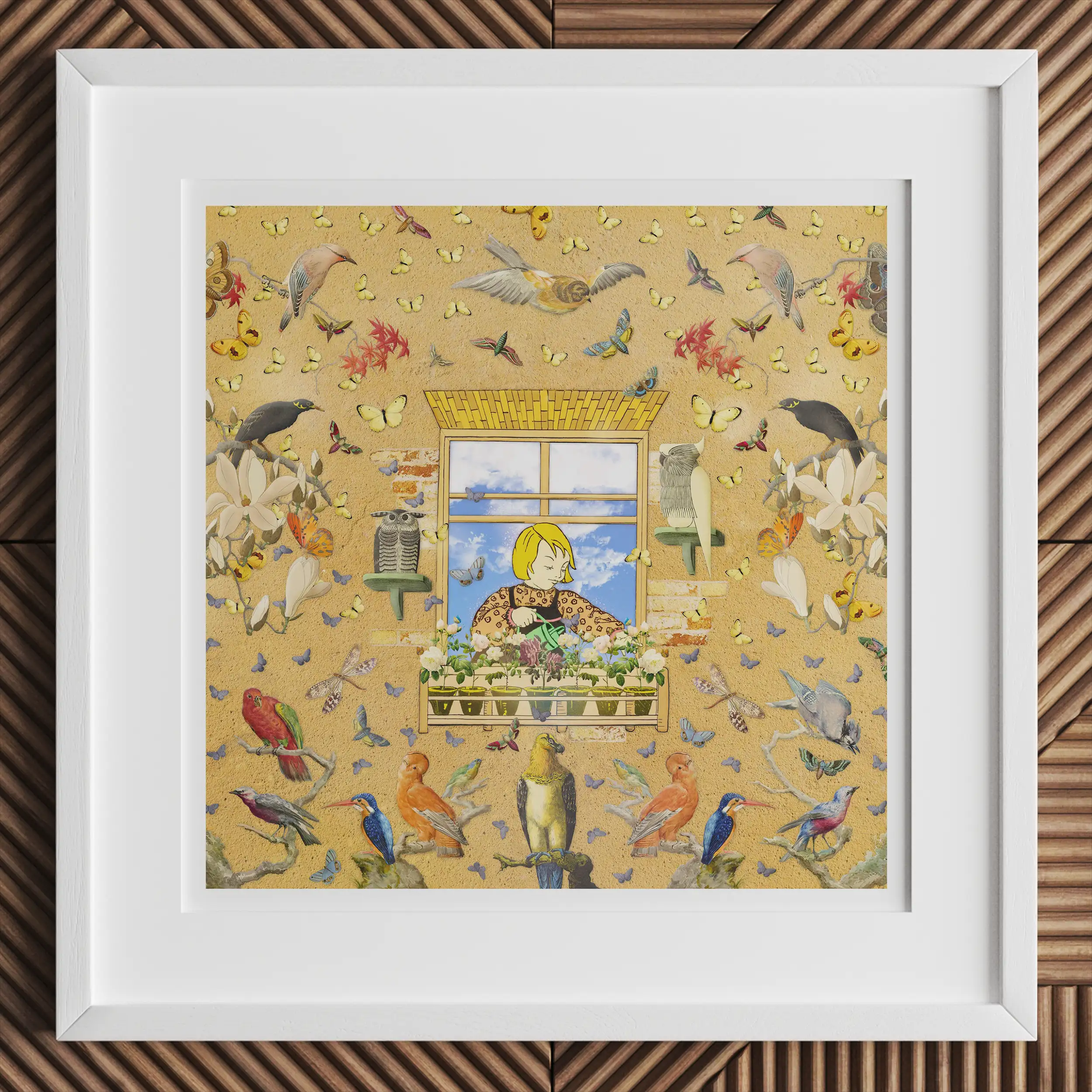 Framed artwork depicting a whimsical scene with birds, flowers, and a figure at a window.