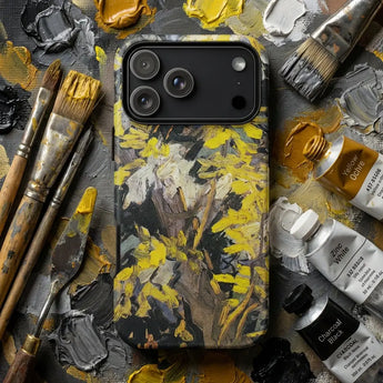 Yellow Phone Cases featuring a vibrant tiger design on a yellow phone case surrounded by decorative accessories.