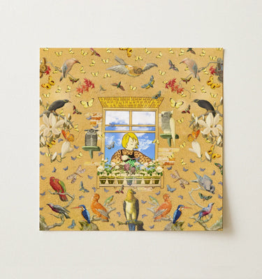 Yellow Wall Art featuring a whimsical window scene with birds and butterflies surrounding a person tending to flowers.