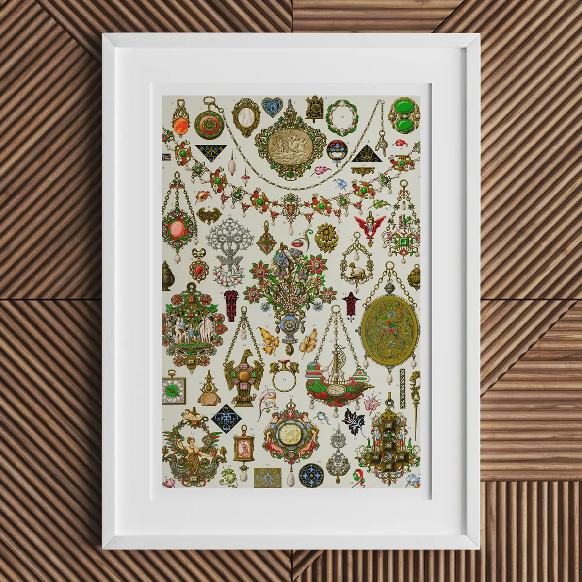 Framed vintage jewelry illustration inspired by Auguste Racinet for L’Ornement Polychrome