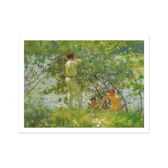 Leafy June - Henry Scott Tuke Art Print, Painting Three Figures Lush Green Landscape Body Water