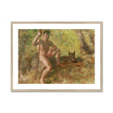 A Nude Male with a Dog in Forest - Julius Paulsen Fine Art Print, Framed Painting Nude Man Staff Wolf