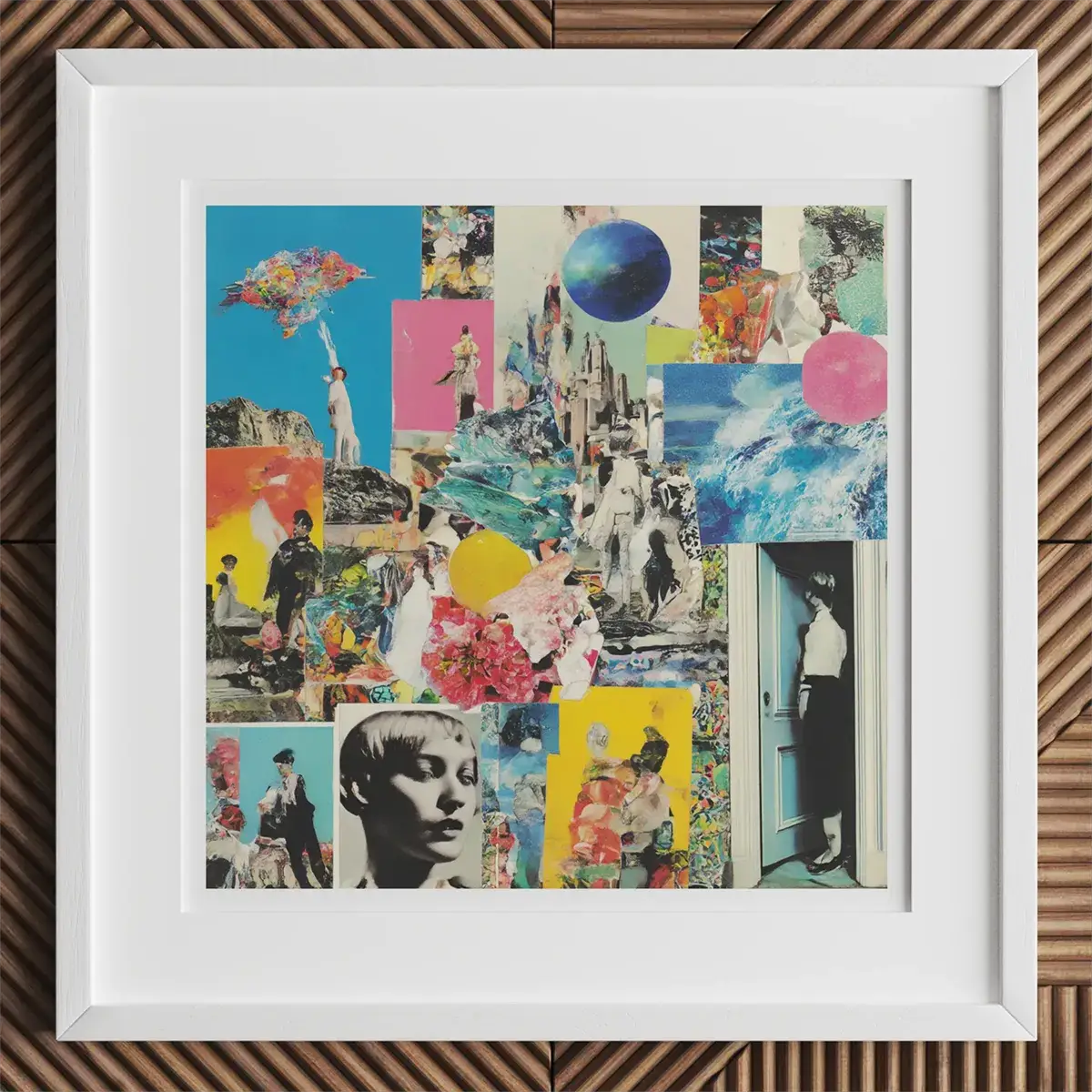 Framed mixed media collage artwork showcasing fabric collage and assemblage art techniques