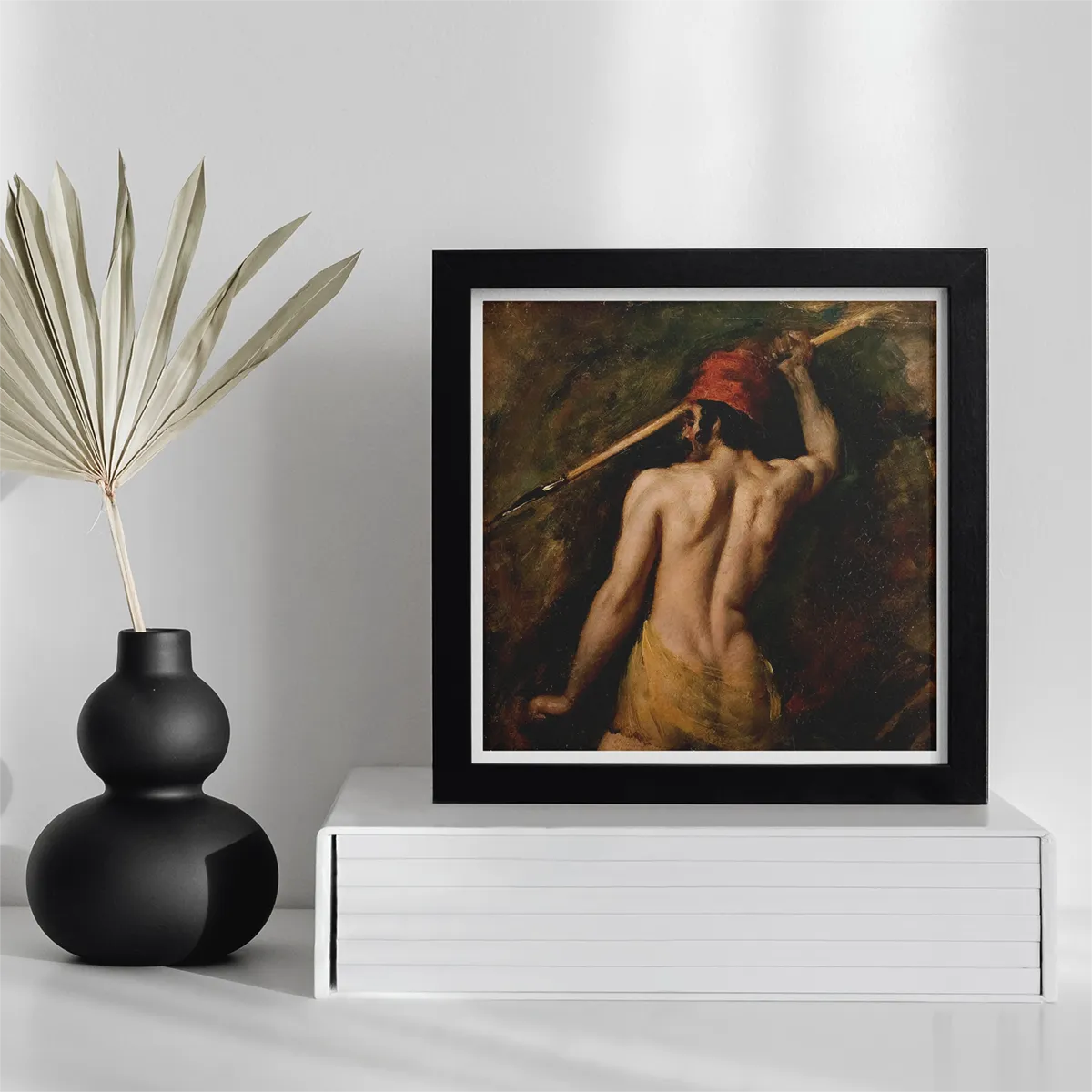 Framed painting of a man with a spear by William Etty showcasing 19th century male nudes.