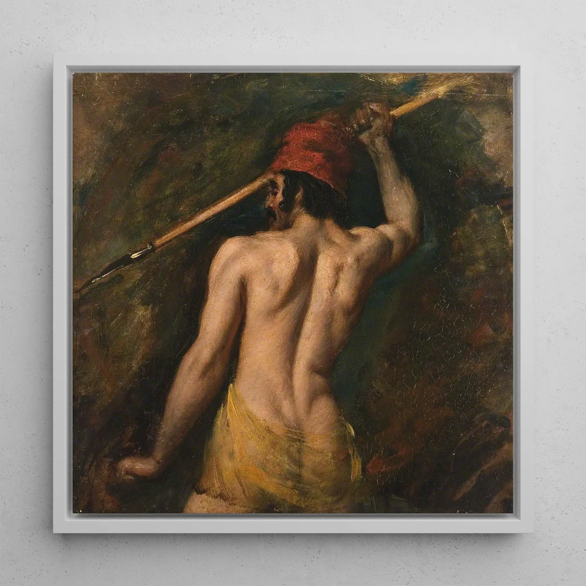 A Greek Slave - William Etty Framed Canvas, 12x12’’ / 31x31cm / White Floating Frame, Framed Painting Muscular Man Spear