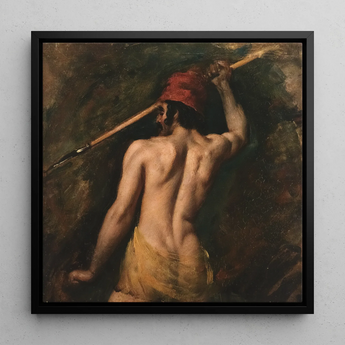A Greek Slave - William Etty Framed Canvas, 12x12’’ / 31x31cm / Black Floating Frame, Painting Shirtless Man Red Hat Long Staff Spear