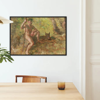 A Nude Male with a Dog in Forest - Julius Paulsen Framed Canvas, Framed Painting Nude Man Staff Wolf