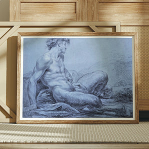 A Seated Faun - Jean Restout Ii (the Younger) Art Print, Framed Charcoal Nude Male Figure