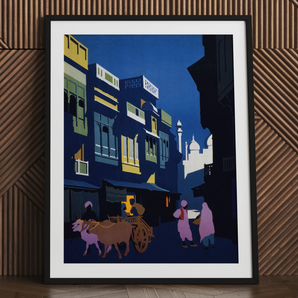 Een Straat bij Maanlicht - Bezoek India 1920s Kunst Print 