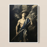 Achillean Beat - Gay Explorer Framed Canvas, 12x16’’ / 31x41cm / White Floating Frame, Framed Painting Young Man Hat Staff