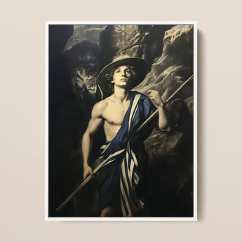 Achillean Beat - Gay Explorer Framed Canvas, 12x16’’ / 31x41cm / White Floating Frame, Framed Painting Young Man Hat Staff