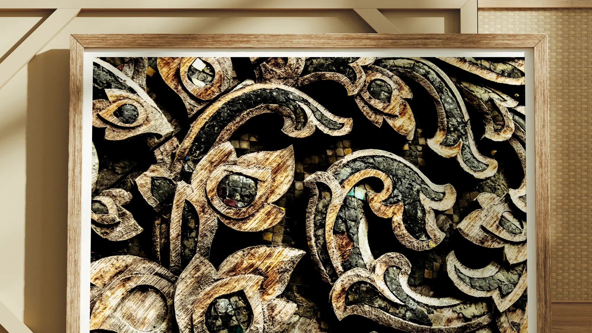 Ornate Thai woodwork art print with floral and curving patterns in gold and black tones