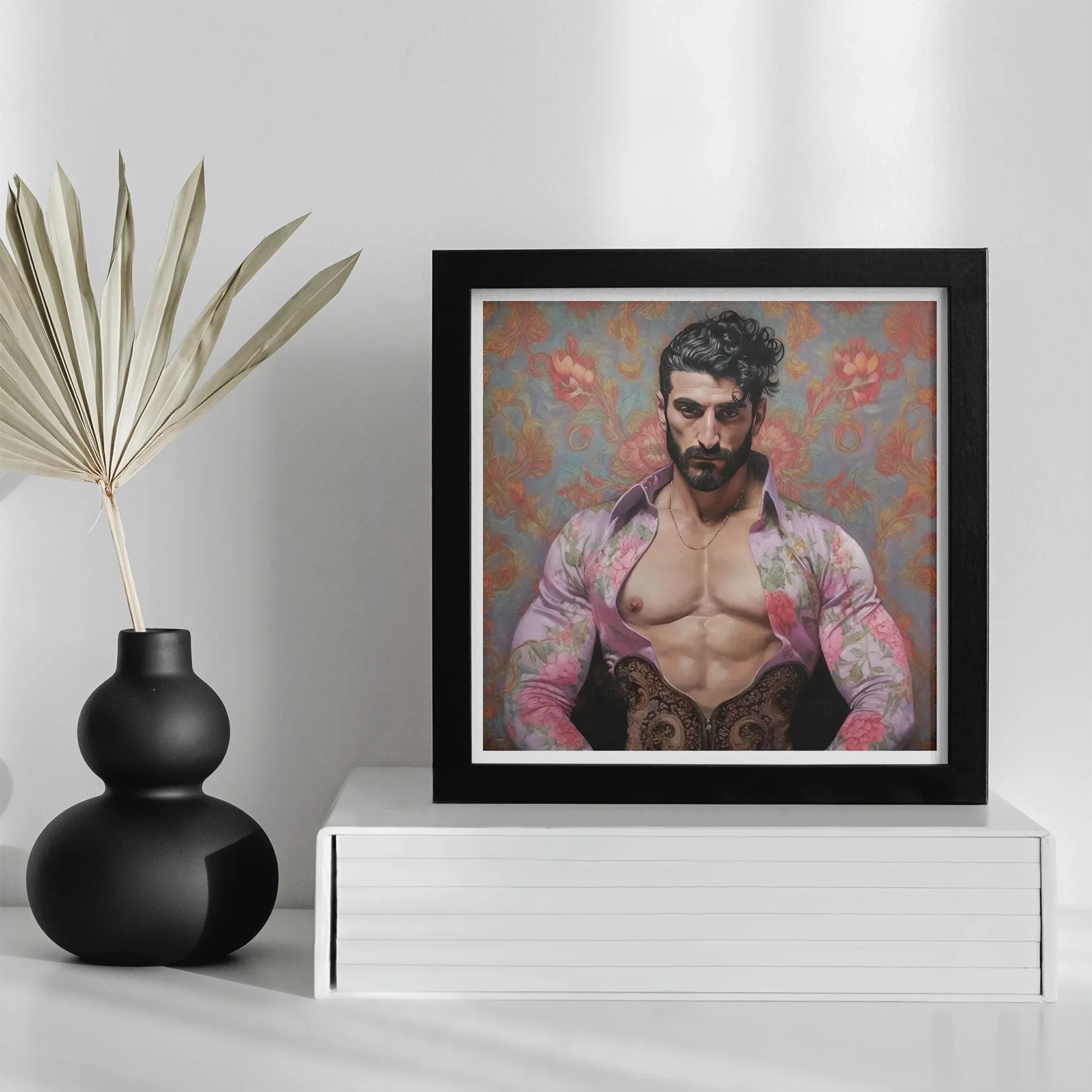 Alonso - Queer Matador Art Print, Framed Portrait Muscular Bearded Man Floral Shirt Colorful