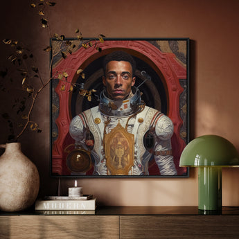 Amari - Gay Black Astronaut Framed Canvas, Portrait Astronaut Spacesuit Religious Icon Chest Framed Red