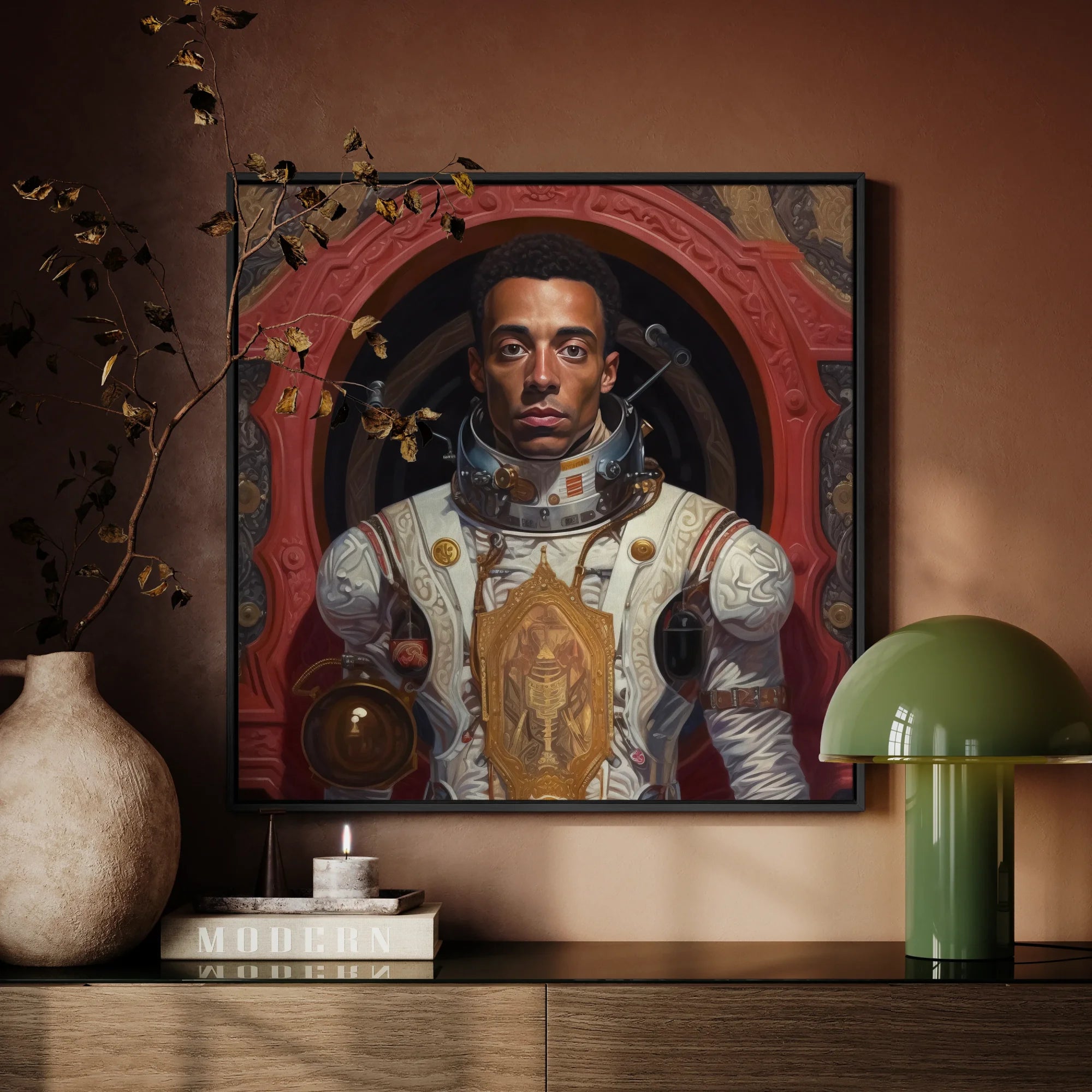 Amari - Gay Black Astronaut Framed Canvas, Portrait Astronaut Spacesuit Religious Icon Chest Framed Red
