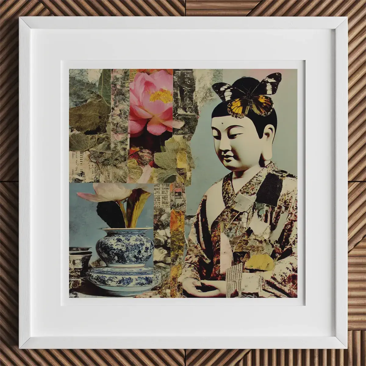 Framed Buddha collage art showcasing cultural influences and collage techniques in cultural narratives