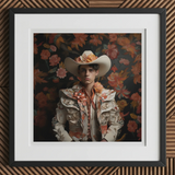 Andrés - Hispanic Gay Vaquero Art Print, 12x12’’ / 31x31cm / Black Frame / 2’’ Matboard, Framed Artwork Person Cowboy Hat