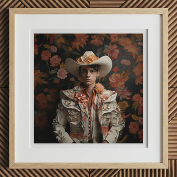 Andrés - Hispanic Gay Vaquero Art Print, 12x12’’ / 31x31cm / Natural Frame / 2’’ Matboard, Framed Artwork Young Man Ornate Cowboy Hat Floral