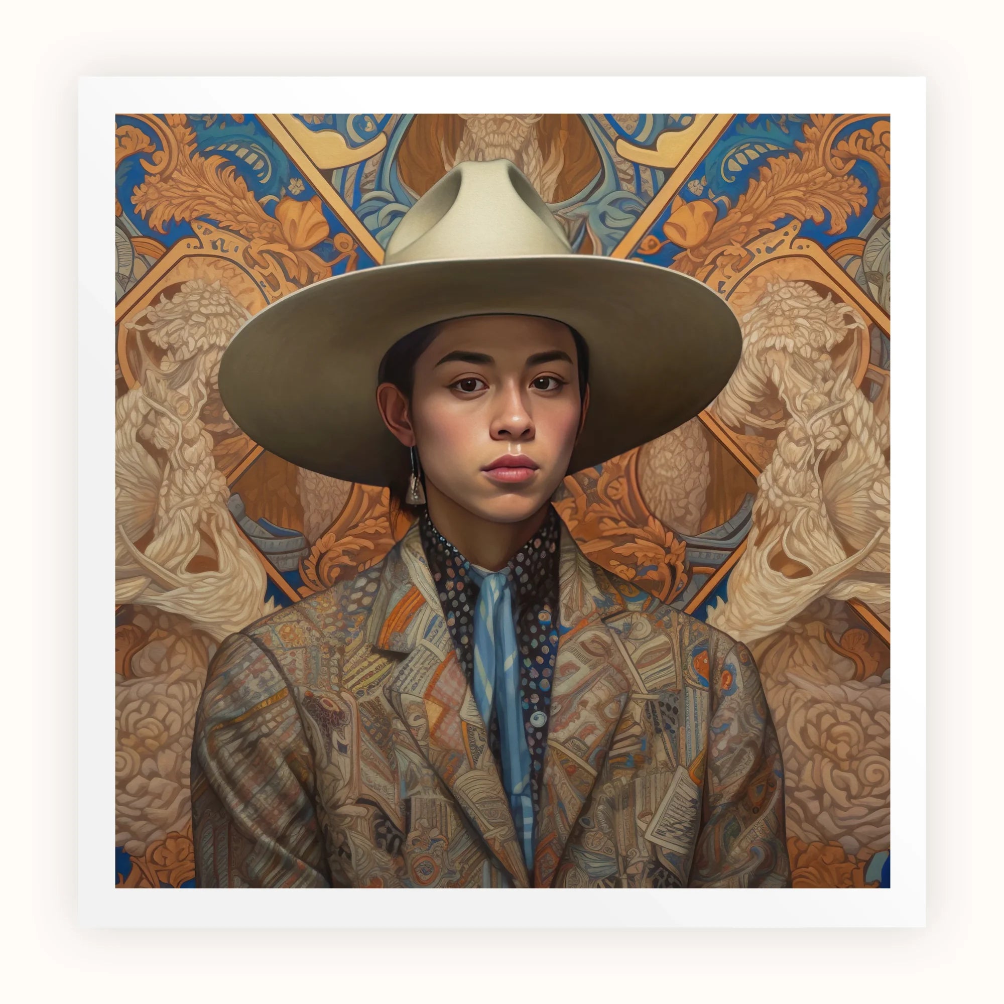 Angel - Latinx Transgender Cowboy Art Print, Wide-brimmed Gray Hat Worn Patterned Brown Jacket Polka