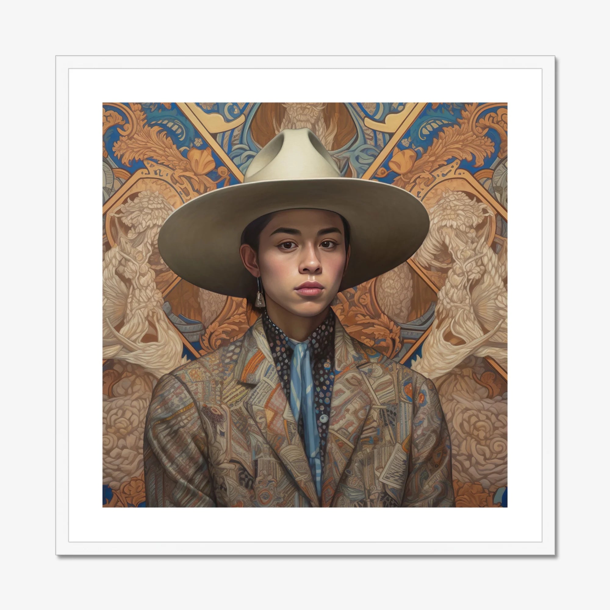 Angel - Latinx Transgender Cowboy Art Print, Art Nouveau Portrait Person Cowboy Hat