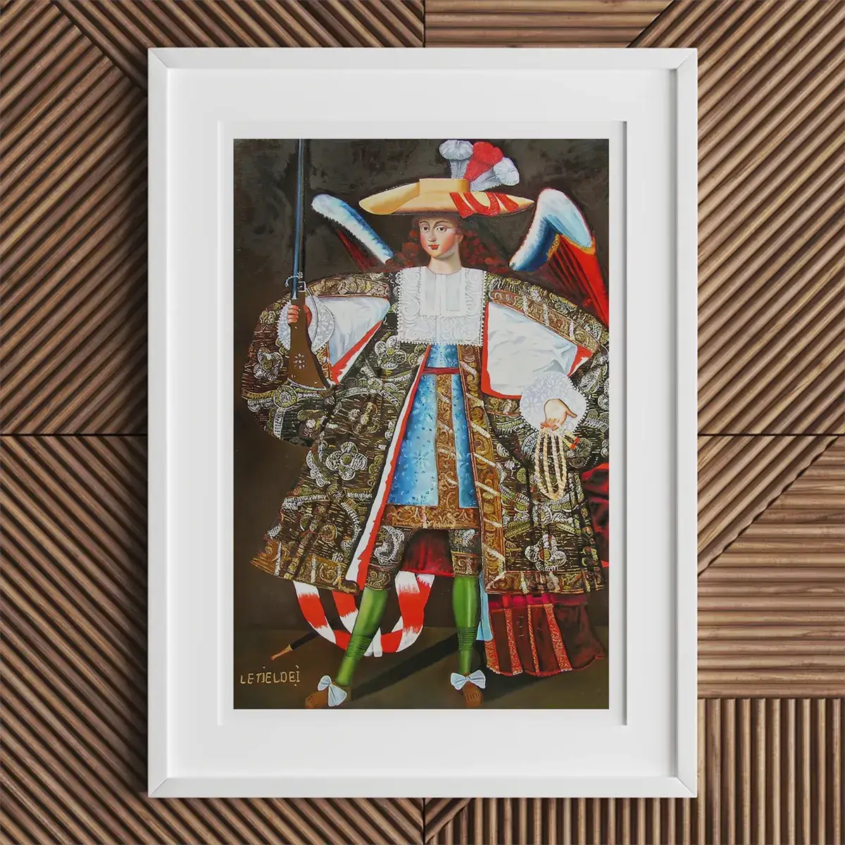 Framed Spanish Baroque painting of an angel with a gun inspired by Gian Lorenzo Bernini in London Baroque style