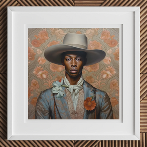 Apollo - Gay Black Dandy Cowboy Art Print, Framed Portrait Painting Wide-brimmed Hat Blue Suit Jacket