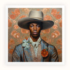 Apollo - Gay Black Dandy Cowboy Art Print, Portrait Painting Person Gray Cowboy Hat Blue Suit