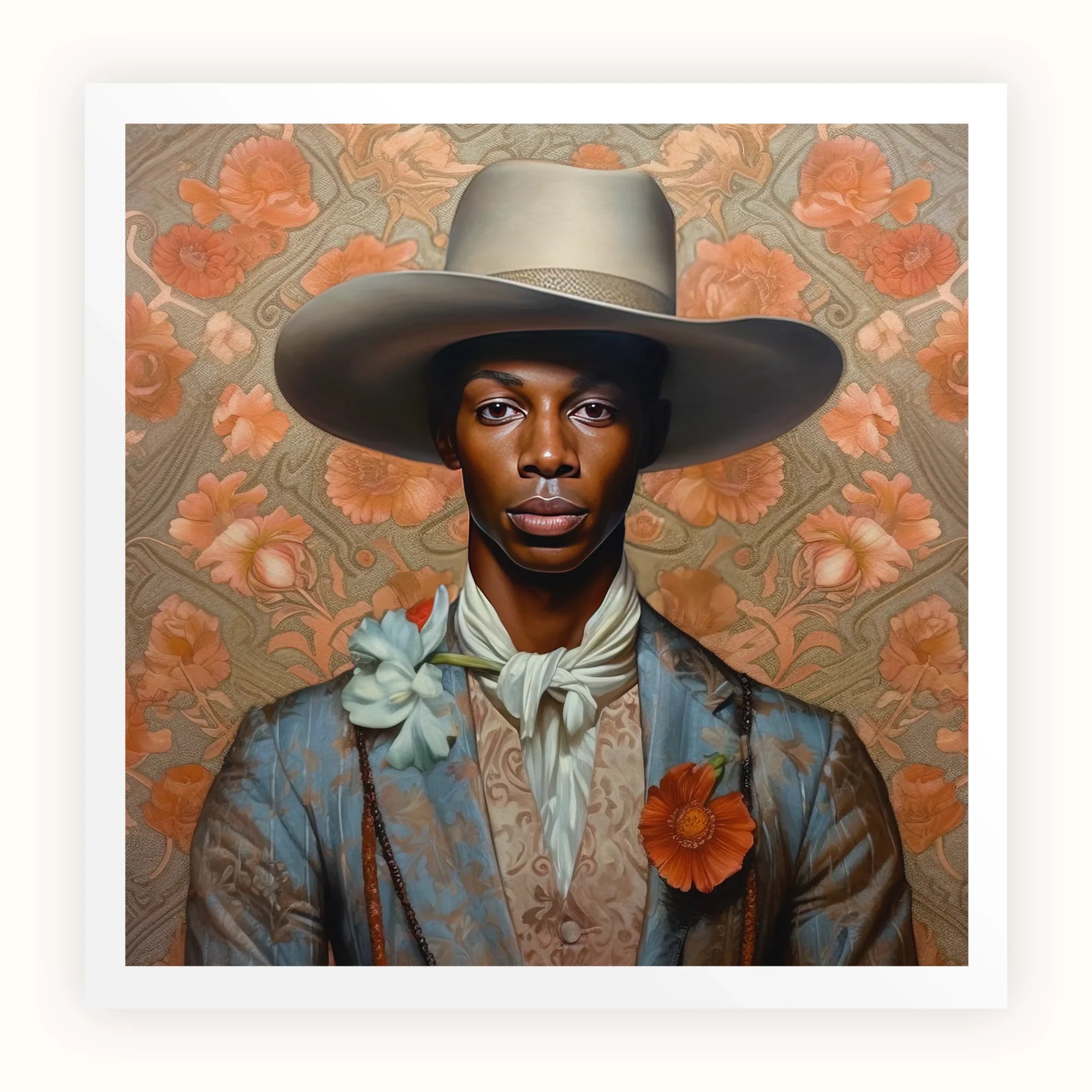 Apollo - Gay Black Dandy Cowboy Art Print, Portrait Painting Person Gray Cowboy Hat Blue Suit