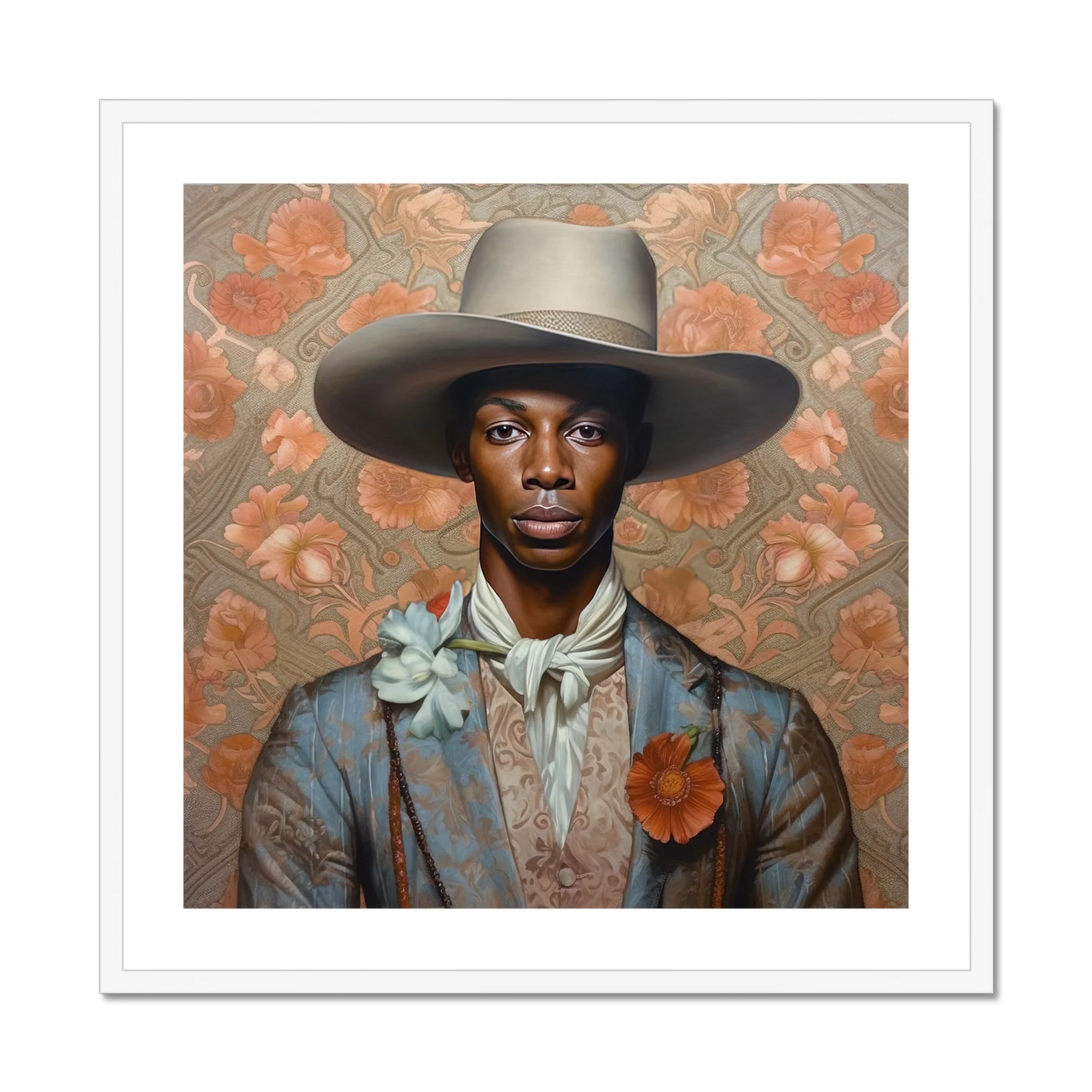 Apollo - Gay Black Dandy Cowboy Art Print, Framed Portrait Stylish Man Hat