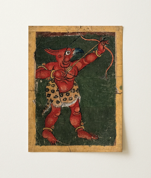 Rouge Démon à tête de perroquet tirant une flèche avec un arc - Tirage d'art de carte tsakli tibétaine 