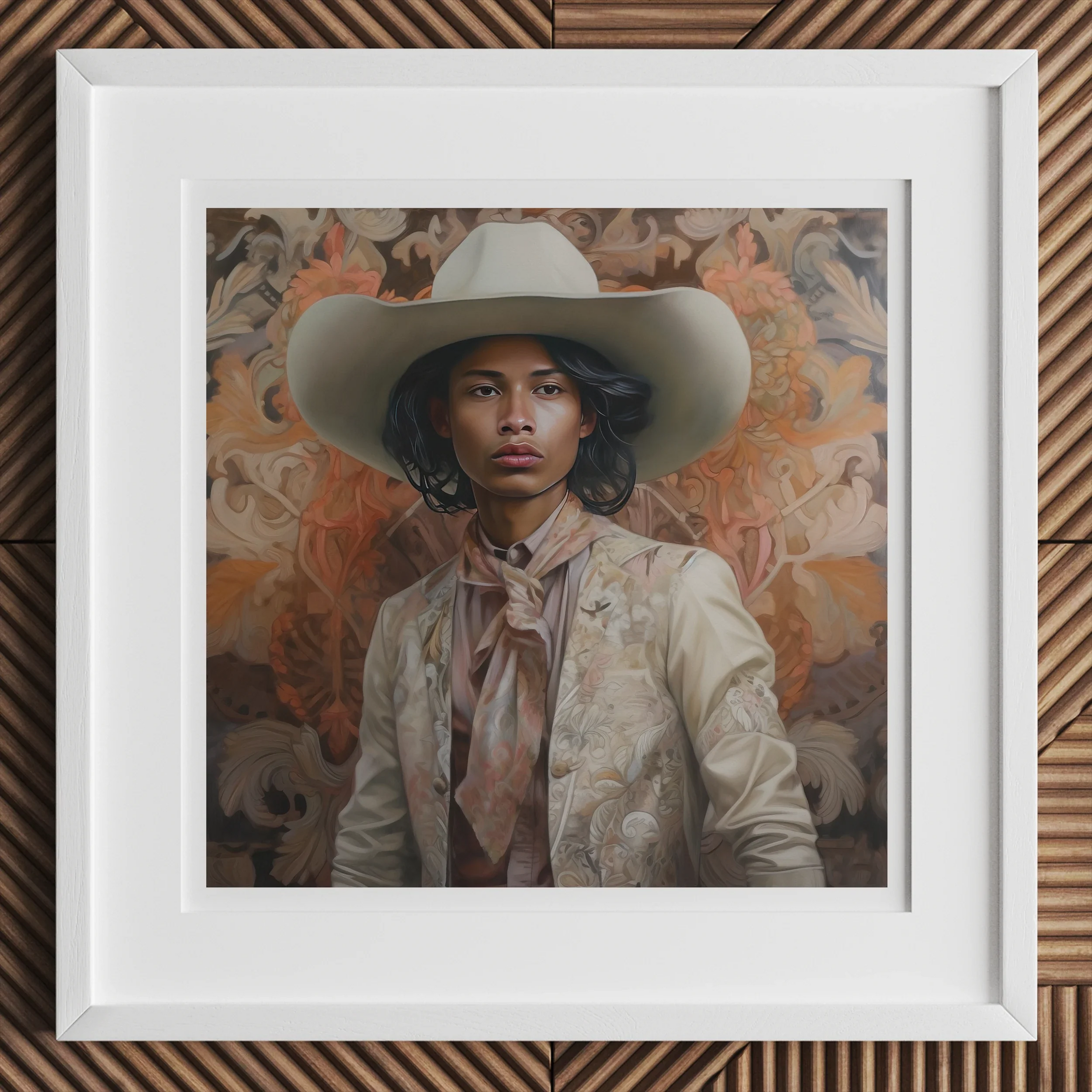 Arjuna - Gay Tamil Cowboy Dandy Art Print, Framed Portrait Photograph White Cowboy Hat Light-colored Western