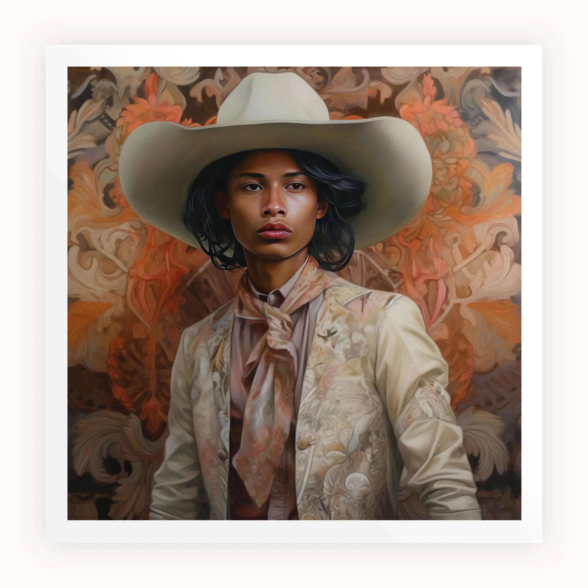 Arjuna - Gay Tamil Cowboy Dandy Art Print, Portrait Person White Cowboy Hat Cream-colored Jacket Mauve