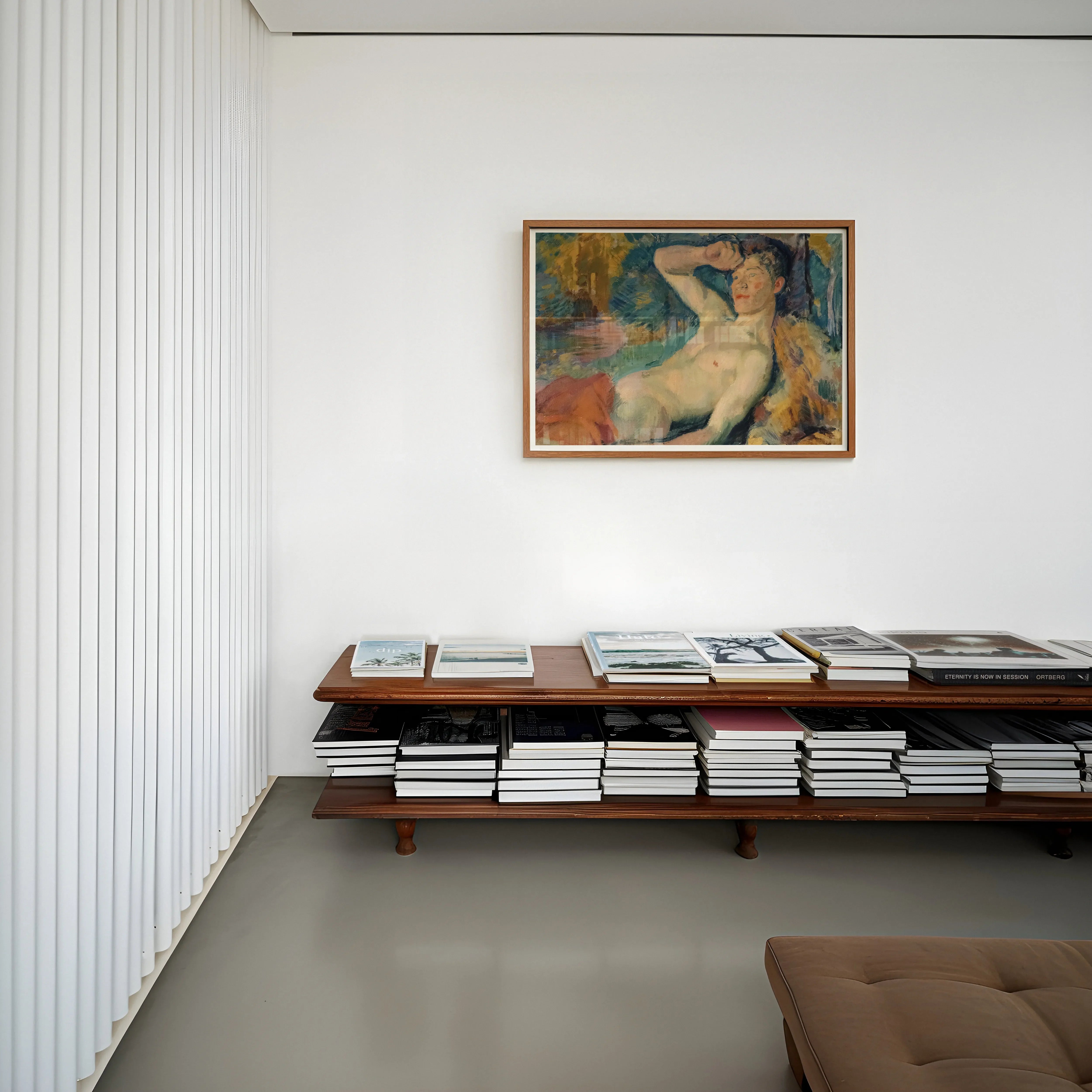 Awakening Faun - Magnus Enckell Art Print, 32’’x24’’ / Unframed, Long Wooden Bench Stacks Books Arranged Two Levels