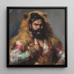 Baby Bear - Gay Desi Daddy Framed Canvas, 12x12’’ / 31x31cm / Black Floating Frame, Framed Portrait Man Bear Pelt