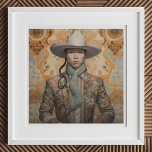 Baihu - Gay Chinese Cowboy Art Print, Framed Portrait Painting Figure Wide-brimmed Hat Mint Green