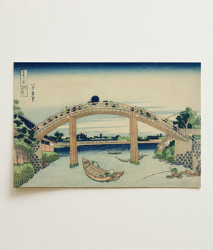 Beneath Mannen Bridge in Fukagawa - Katsushika Hokusai Fine Art Print / Canvas Traditional Japanese Woodblock Serene Arched Calm Water
