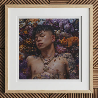 Bent & Spent - Gaysian Thai Twunk Art Print, 12x12’’ / 31x31cm / Natural Frame / 2’’ Matboard, Framed Artwork Person Amidst Colorful Flora