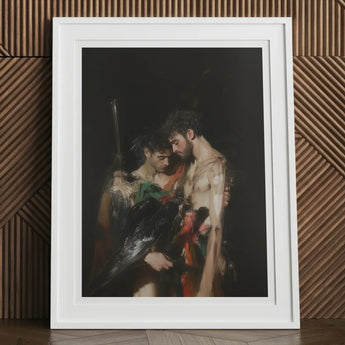 Black Bird - Greco-queer Gay Myth Art Print, 12x16’’ / 31x41cm / White Frame / 2’’ Matboard, White-framed Artwork Two Men Embrace Bird