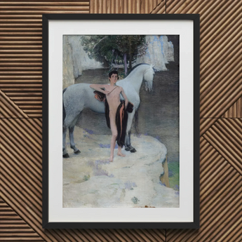 Black Lake - Jan Priesler Art Print, 20x30’’ / 51x76cm / Frame / 2’’ Matboard, Framed Painting Young Nude Man White Horse