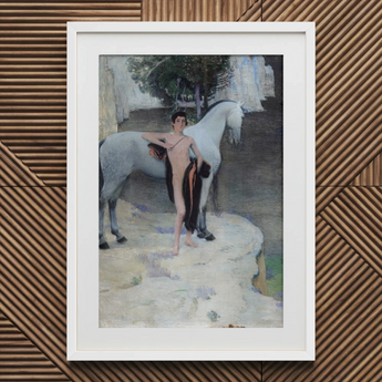 Black Lake - Jan Priesler Art Print, 20x30’’ / 51x76cm / White Frame / 2’’ Matboard, Framed Painting Male Figure White Horse