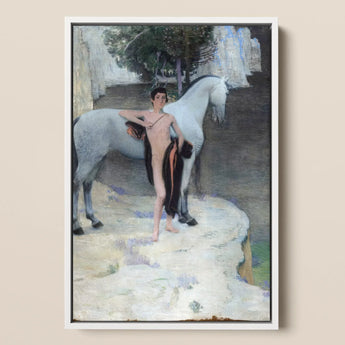 Black Lake - Jan Priesler Framed Canvas, Painting Nude Youth White Horse