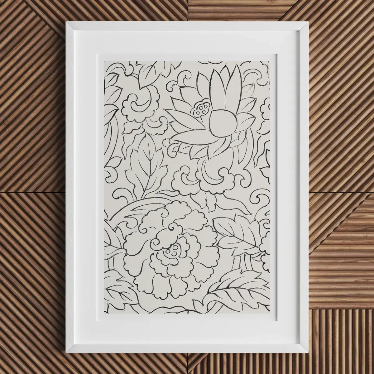 Framed floral line drawing inspired by Taguchi Tomoki’s Tsubaki woodblock prints.