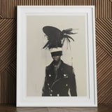 Blindside - Black Trans Fashion Surrealism Art Print, 12x16’’ / 31x41cm / White Frame / 2’’ Matboard, Framed Artwork Figure Feathered Hat